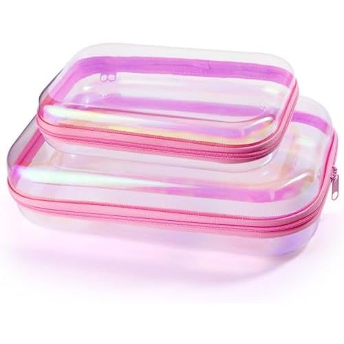 Toiletry Bag,Water Resistant Cosmetic Organizer for Bathroom,2 Pcs Quart Size Clear Iridescent Hard Shell Zipper Case for Toiletries,Portable Storage for Women girls,Travel Essentials