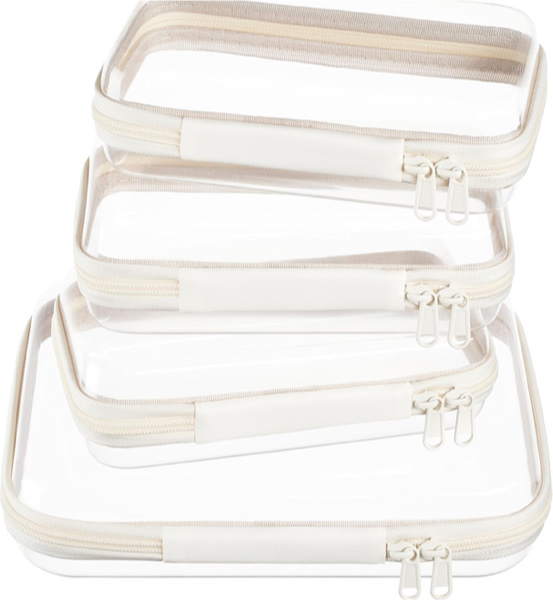 4 pcs Clear Zipper Pouches,Hard Shell Zipper Case, Toiletry Bag for Travel, CLear Diaper Bag, Toiletry Pouch, Travel Organizer, Cosmetic Bag,Toy Storage Bins (M+3S)(Ivory)
