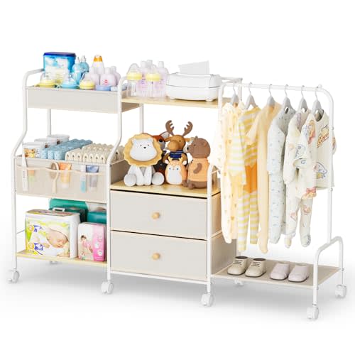 BBLIKE Diaper Caddy Organizer with Hanging Rack - 3 Tier Rolling Utility Cart with Drawers and Dividers for Baby Bottle Storage - Bedside Cart for Changing Station, Crib, Nursery, Bedroom, Beige
