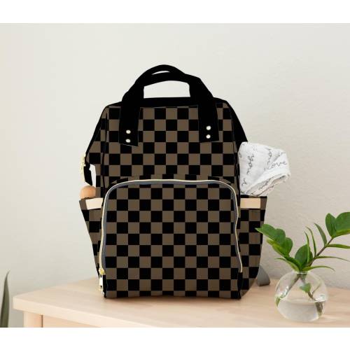 Checkered Diaper Tote Bag Backpack - Black Tan Baby Bag with Checker Pattern, Adjustable Straps, Baby Shower Gift