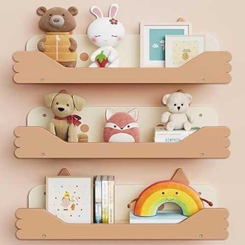 Nursery Floating Shelves, 16.5 Inches Cute Decorative Shelf for Bedroom, Kids' Room, Wall Mounted Wood Bookshelf Organizer for Wall Storage, White/Sandy Beige, Set of 3