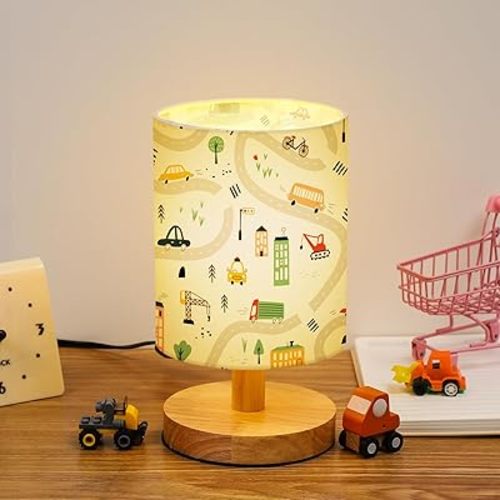 VIHOSE Kids Table Lamp for Bedroom Kids Bedside Lamp with Linen Wooden Nightstand Lamp Cartoon Nursery Lamp Lampshade for Girls Boys Living Room (Transportation)