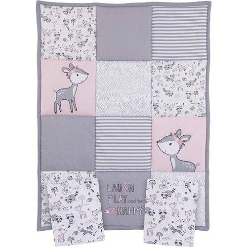 Little Love By Nojo Sweet Deer, Grey, Pink, White 3Piece Nursery Mini Crib Bedding Set With Comforter, 2 Fitted Mini Crib Sheets, Pink, Grey, White, Charcoal