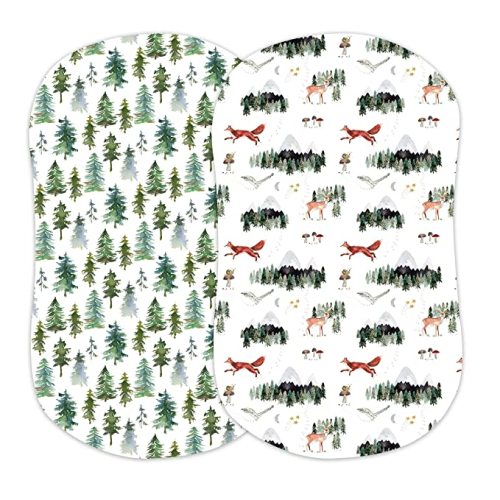 Baby Bassinet Sheets for Boy, Girl (Woodland Forest Animals) 2-Pack - Fitted Bedside Bassinet Sheets - Buttery Soft Cotton Blend for Standard Bassinet Mattress Pad - Compatible with Halo Bassinest