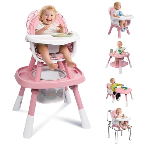 15 in 1 Convertiable High Chair for Babies and Toddlers, 2 in 1 Highchair & Activity Center w/Toys, Booster Seat, Toddler Chair w/5-Point Harness & Removable Tray & 2-Layer Cusion (Pink)