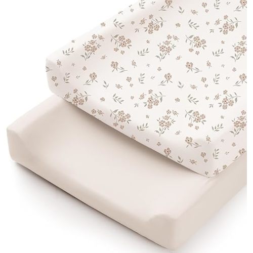 Konssy 2 Pack Stretchy Changing Pad Covers for Girl, Boy, Silky Soft Changing Table Cover, Breathable Baby Nursery Diaper Chang Pad Sheets (Blossom,Cream)