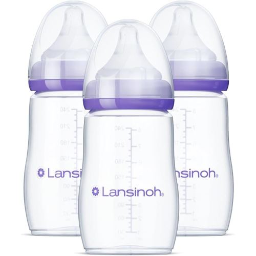 Lansinoh Anti-Colic Baby Bottles for Breastfeeding Babies, 8 Ounces, 3 Count, Includes 3 Medium Flow Nipples, Size M