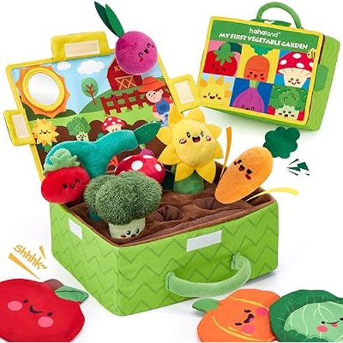 hahaland Baby Toys 6-12 Months - Fruits Vegetables Garden Plant Plush - 6 Month Old Toys Montessori Sensory Toy Carrot Flower with Rattles, Mirror, Squeaker, Textures, Crinkle Tissues for Babies Gifts
