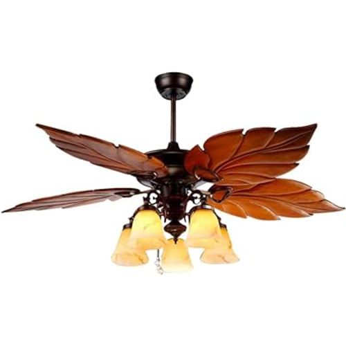 52" Tropical Ceiling Fan with Wooden Palm Leaf Blades, Remote Control, Quiet Motor & Rustic Bronze Finish - Indoor Chandelier Light Fixture for Home