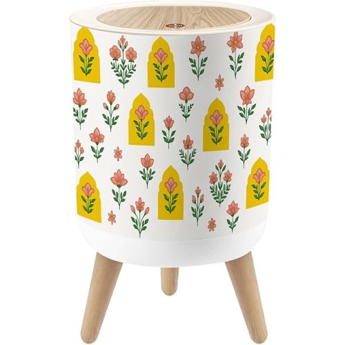 Bathroom Trash Can with Lid Mughal Seamless mughal Art jharoka Floral Motif mughal Floral Print Garbage Bin Waste Basket for Kitchen Office Bedroom Decoration Diaper Pail 1.8 Gallon