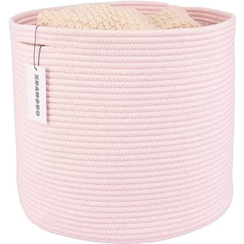 Cotton Rope Basket For Girls Boys Kids 16”X14” Baby Laundry Basket Nursery Bin Round Woven Basket Organizer For Storage Toys Blankets Shoes Clothes pink