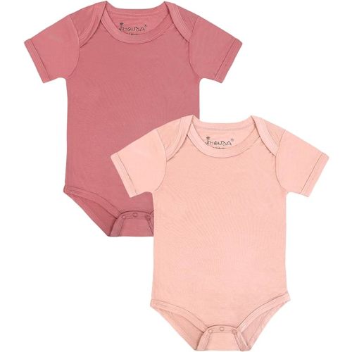 Jimonda Baby Bodysuits Short Sleeve Bamboo Onesie for Baby Boy Baby Girl Clothes(0-24Months) - 0-3 Months - Sakura Pollen&rosered