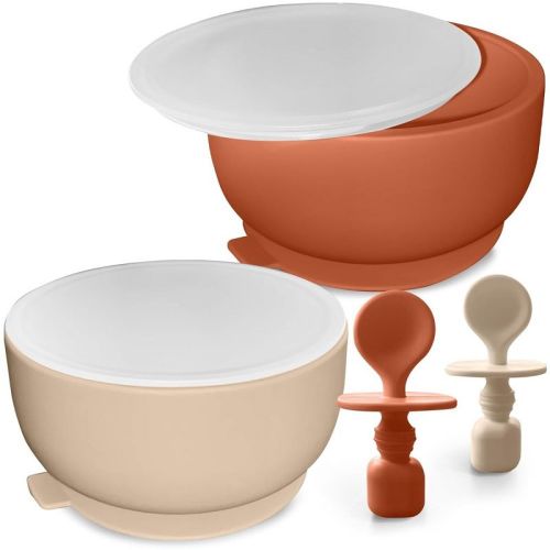 Sperric Silicone Baby Feeding Set - Infant Suction Bowls with Lids and Spoons | BPA Free Toddler Self Feeding Utensils for 0-6 Months (Beige)
