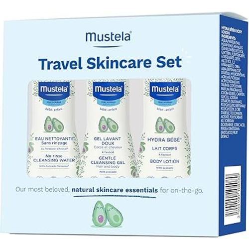 Mustela Travel Skinscare Set - Baby Skin Care & Bath Time Set - TSA-Approved - Natural & Plant-Based - Natural Avocado - 3 Items Set - Refillable & Reusable 1.69 Fl. Oz. Bottles