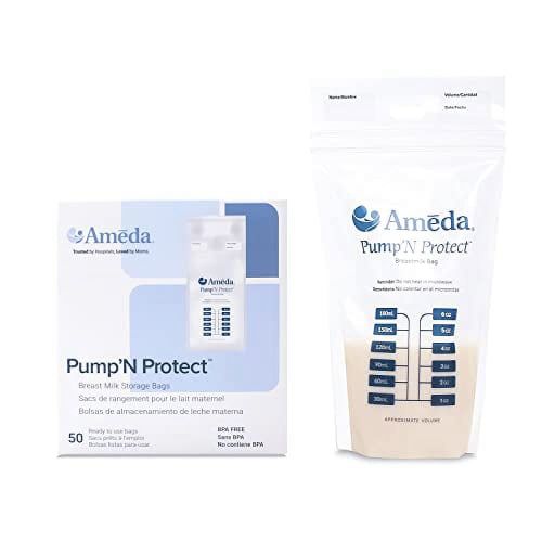 Ameda Pump'N Protect Breast Milk Storage Bags 6oz, 50pc, Resealable Breast Milk Storage Bags for Refrigerator or Freezer, BPA Free, Breastfeeding Equipment & Pumping Accessories