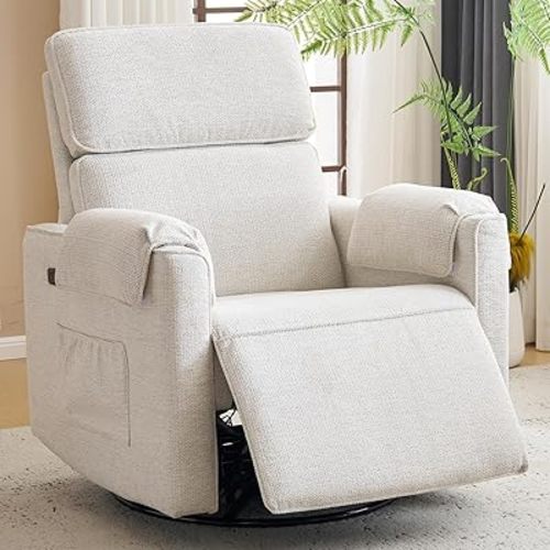 Oversized Power Recliner Chair Swivel Glider with Adjustable Headrest, Swivel Rocking Recliner Chair for Adults, 26" Extra Wide Glider Nursery Chair with Overstuffed Armrest, USB Ports, White