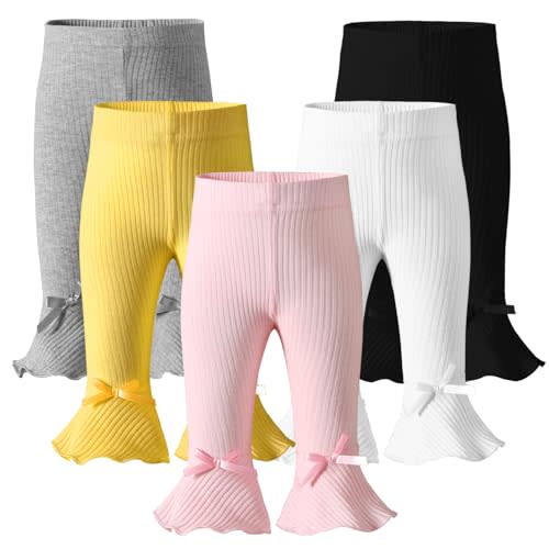 Dalukit Newborn Toddler Baby Girl Pants Leggings Ribbed Straight Flare Infant Girl Pants Leggings Bell Bottoms 5 Packs