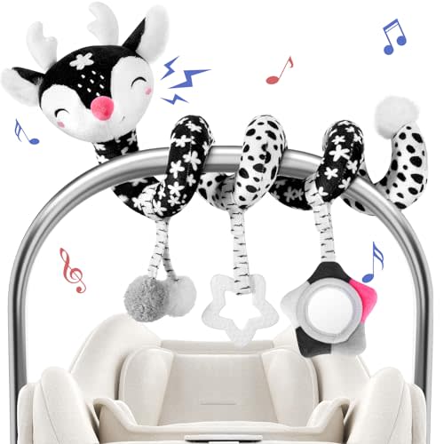 Car Seat Toys for Babies 0-6 Months Boy&Girl, Carseat Toys Hanging Black and White High Contrast Toy for Baby 0-3 Months, Spiral Activity Plush Toys Stroller Toys for 0 3 6 9 12 Months Baby Ideal Gift
