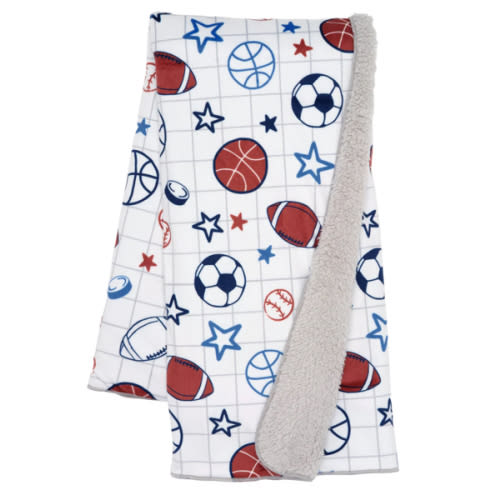 Baby Sports White Fleece Baby Blanket - Football/Basketball/Baseball – Lambs & Ivy
