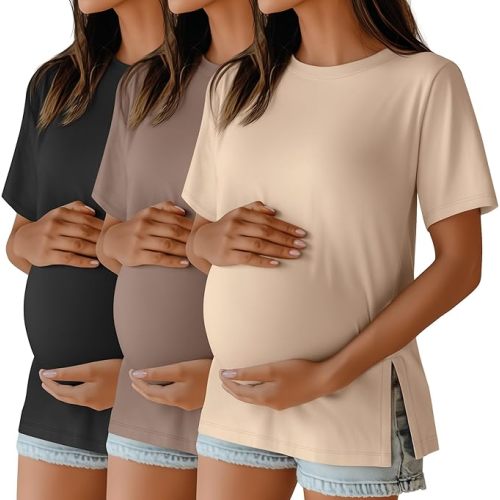 Ficerd 3 Pack Women's Maternity T Shirts, Short Sleeve Side Split Pregnancy Tops Casual Crew Neck Pregnant Tees Mama Clothes