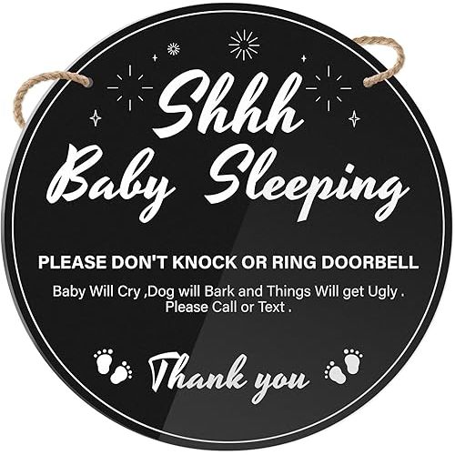 Shhh Baby Sleeping Sign for Front Door 9 inch Durable Acrylic Do Not Knock or Ring Doorbell Sign with Rope No Knocking Door Signs for New Parents Homes with Pets Nap Time Nurseries