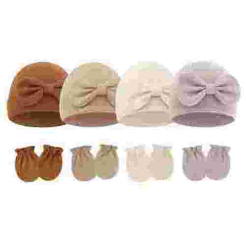 Happy Cherry Newborn Hats Mittens Set Baby Girls Hospital Cotton Hat Infant Bow Caps Toddler Boys No Gloves Mitten Preemie Beanie Cap for 0-6 Months