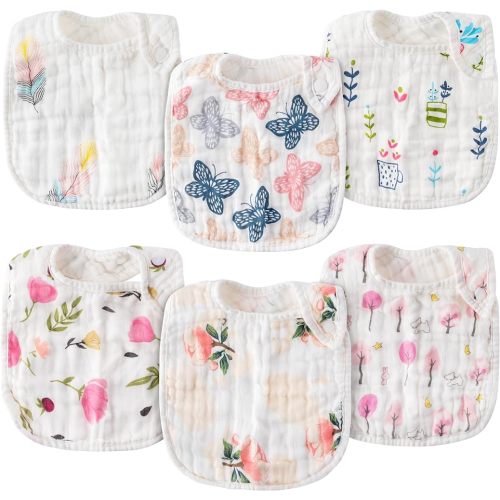 Zainpe 6Pcs Snap Muslin Cotton Baby Bibs Infants Feeding Bib Adjustable Burp Cloths Soft Drool Bibs for Toddlers Girl Boy