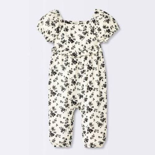Baby Girls' Floral Puff Sleeve Ruffle Romper - Cloud Island™ Off-White Newborn