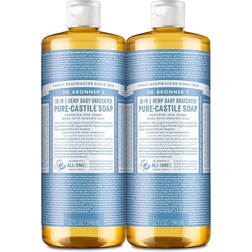 Dr. Bronner's - Pure-Castile Liquid Soap (Baby Unscented, 32 ounce, 2-Pack) - Made with Organic Oils, 18-in-1 Uses: Face, Hair, Laundry and Dishes, For Sensitive Skin and Babies, No Added Fragrance