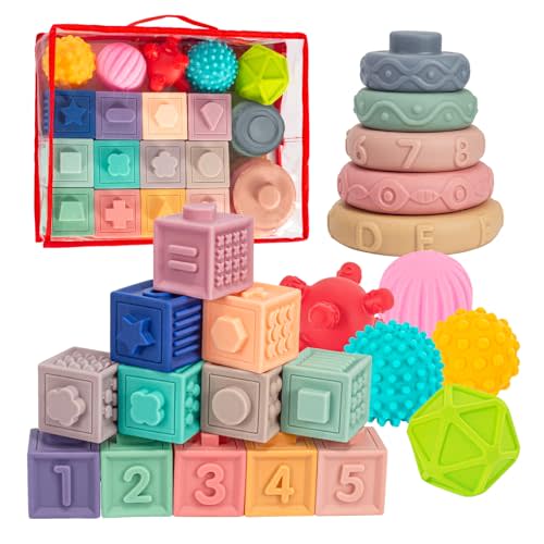 SpringFlower 3 in 1 Montessori Toys for Babies 0-3-6-12 Months, Soft Baby Teething, Stacking Building Blocks for Infants, Sensory Developmental Education Toys for Toddler Baby 12-18 Months,22 PCS