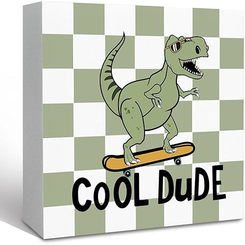 KFXHANGD Dinosaur Decor Wooden Box Sign Desk Decor, Dinosaur Nursery Decorative, Cool Dude Signs Decorative for Playroom Toddler Boys Room, Sage Green Checkered Room Home Shelf Desk Decoration 5x5 Inch