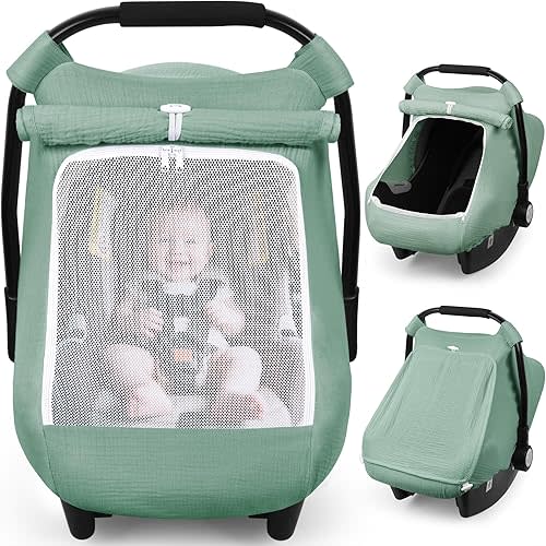 Rquite Car Seat Cover Baby, Carseat Covers Girl Boy, Breathable Muslin Cotton, Large Mesh Window, Infant Car Seat Canopy Baby Carrier Cover Stroller Sun Shade for Summer & Hot Day, Green
