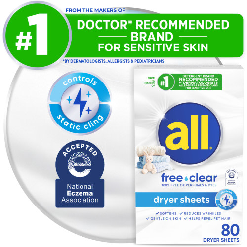 all Fabric Softener Dryer Sheets for Sensitive Skin, Free Clear, 80 Count