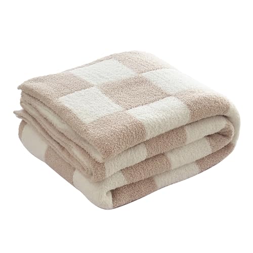 Ultra Soft Cozy Checkered Knitted Throw Blanket Fluffy Microfiber Checkerboard Bed Blanket Lightweight Both Sides Blanket for Couch Sofa Bed (Cream, Baby 30"x40")