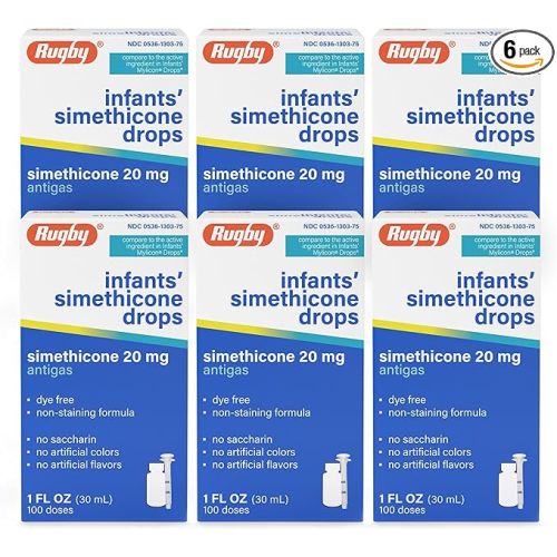 Rugby Dye-Free Infants' Gas Drops - Simethicone 20 mg Liquid Drops for Newborns, Babies, Toddlers, and Kids - Fast Relief from Gas Discomfort - No Artificial Colors or Flavors - 1 Fl. Oz. (6 Pack)