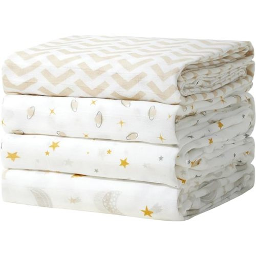 Momcozy Muslin Swaddle Blankets, 4 Pack Ultra Soft Neutral Swaddle Blanket, Breathable Large 47''x47'' Baby Infant Newborn Boys Girls Swaddling Receiving Blanket Wraps, Beige Star