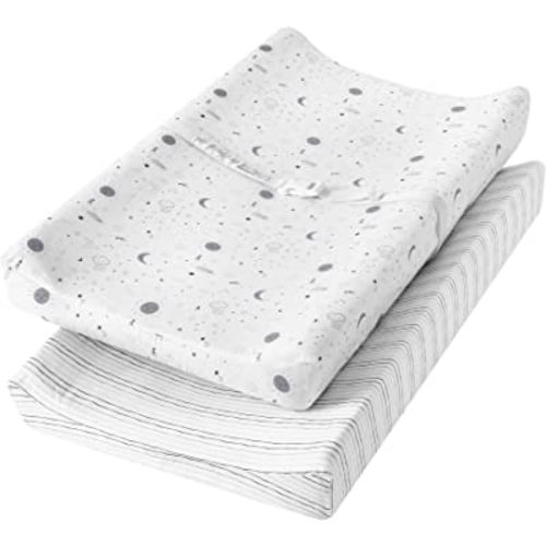 TILLYOU Changing Pad Cover Set in Soft Jersey Material - Fits 32"/34''x16" Contoured Pad for Babies, Little Sun & Gray Lines
