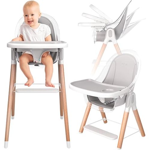 Children of Design 6 in 1 Deluxe Wooden High Chair for Babies & Toddlers, Modern Safe & Compact Baby Highchair, Easy to Clean & Assemble Removable Tray & Cushion (Grey)