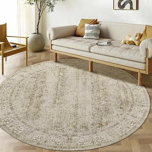 Kitchen Living Room Bedroom Dining Room 6' Round Vintage Rug Indoor Floor Cover Floral Print Circle Rug 6' Round Cream&Light Tan
