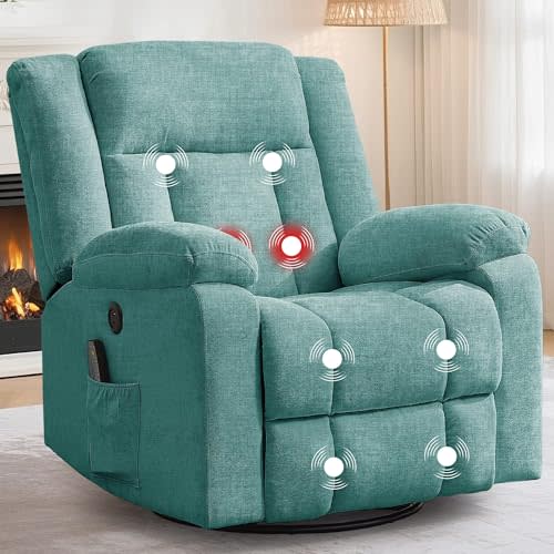 Korser Rocker Recliner, Glider Recliner Chairs for Adults, 360° Swivel Rocking Chair with Massage and Heating, Nursery Chair with Storage and USB Charging for Living Room, Bedroom, Nursery