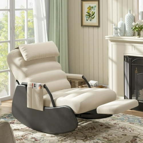 Heywoo Nursery Rocking Chairs with Soft Seat and Headrest,Corduroy Fabric Accent Chair with Side Pocket,Glider Rocking Chair for Bedroom/Living Room/Nursery Beige/Black