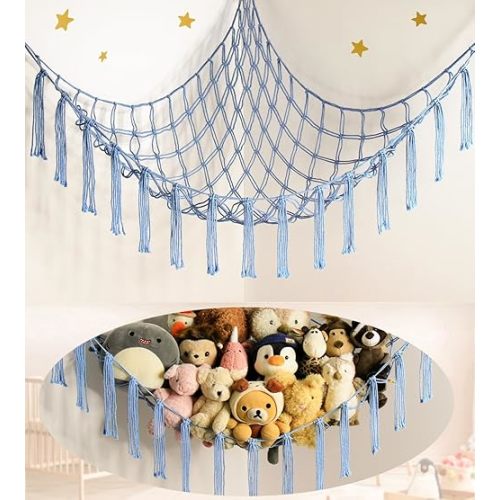 Stuffed Animal Storage Hammock Net - Toy Hammock Net for Stuffed Animals Corner - Hanging Stuff Animal Organizer Holder Large Size Baby Nursery Room Decor-Blue