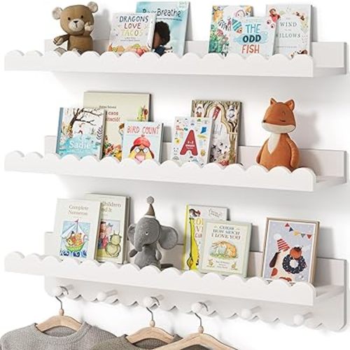 G&W Gruwald Nursery Book Shelves, Scalloped Shelves with Coat Hooks, Set of 3, Nursey Decor