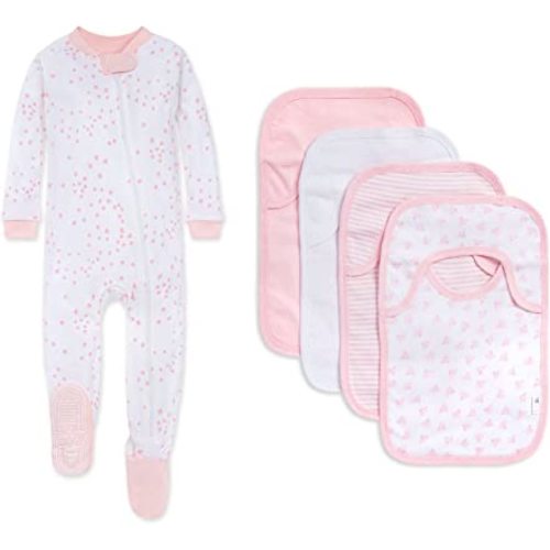 Burt's Bees Baby baby-girls Zip-up Footed Sleeper Pj & Set of Bibs Gift Bundle, 100% Organic Cotton