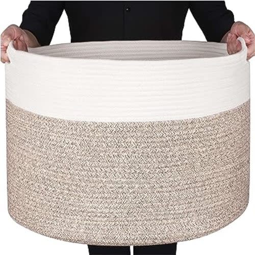 MINTWOOD Design Extra Large 22 x 14in Decorative Blanket Basket for Living Room, Laundry Basket, Woven Cotton Rope Basket, Dog Toy Storage Bin Baskets, Round Basket for Pillows Towels, Light Brown