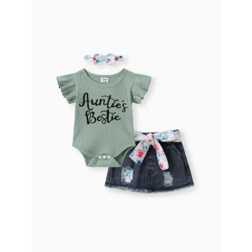 3pcs Baby Girl 100% Cotton Belted Ripped Denim Skirt and Letter Print Ribbed Flutter-sleeve Romper & Headband Set Only $22.99 PatPat US Mobile