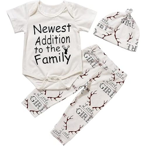 Newborn Suit For Baby Shower Deer Print Long Sleeve Romper+Long Pants+Hat (0-3months, Girl),3M