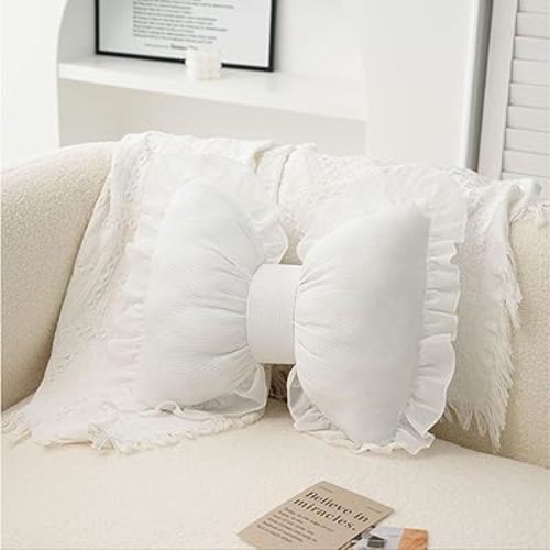 Bow Pillow Bow Shaped Pillow Decorative, Pink Bow Pillow Lace Bowknot Throw Pillow, Cute Bow Shaped Pillows for Sofa Couch Bed Living Room Bedroom (White)