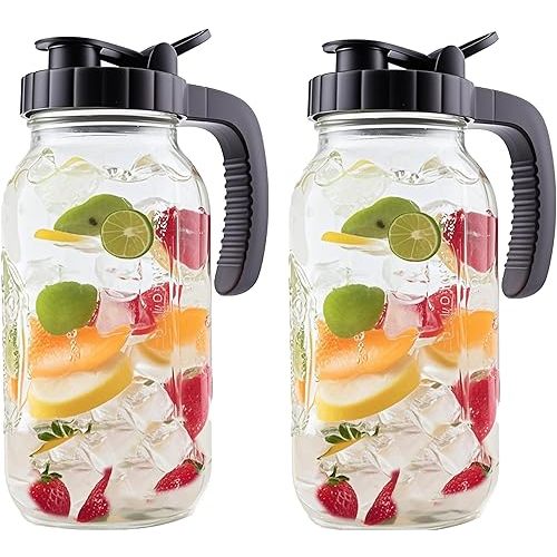 2 Quart Glass Mason Jar Pitcher With Lid 2 Set 64 Oz Wide Mouth Cold Hot Water Pitcher Half Gallon Sun Tea Coffee Jug Carafe For Fridge Lemonade, Beverage,Milk,Juice, Cold Brew Iced Tea Container