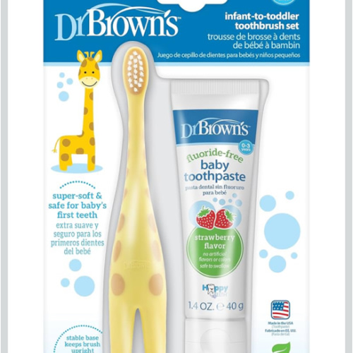 Dr. Brown's Infant-to-Toddler Training Toothbrush Set with Fluoride-Free Baby Toothpaste, Strawberry - Giraffe - 1.4oz - 0-3 Years